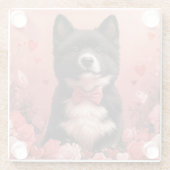 Amerikaanse Akita met Rozen - Valentijnsdag Glazen Onderzetter (Achterkant)