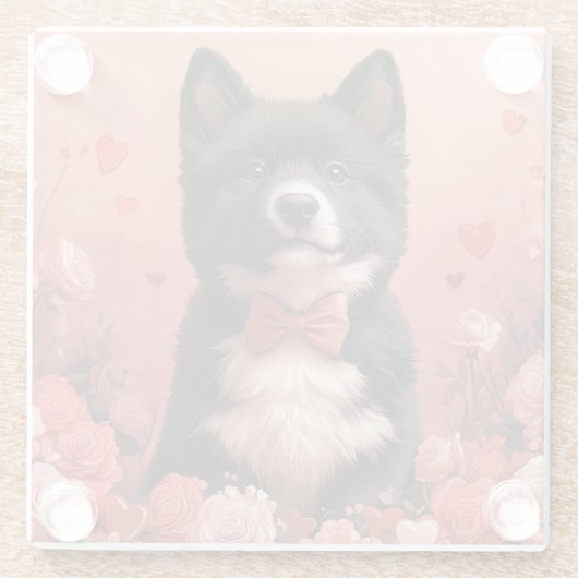 Amerikaanse Akita met Rozen - Valentijnsdag Glazen Onderzetter (Achterkant)