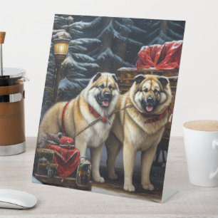 Amerikaanse Akita Sneeuw Slede Rit Kerst Decor Reclamebord Met Voetstuk