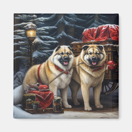 Amerikaanse Akita Sneeuwrijke slee-rit Kerstdecora Magneet (Voorkant)