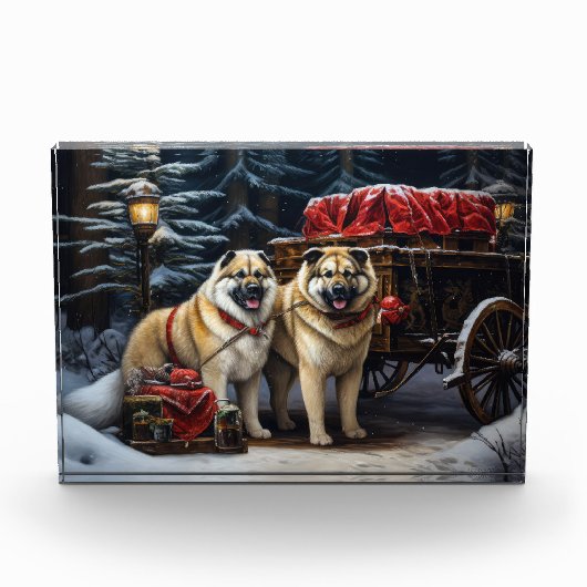 Amerikaanse Akita Snowy Sleigh Ride Kerstdecoratie Fotoblokken (Voorkant)