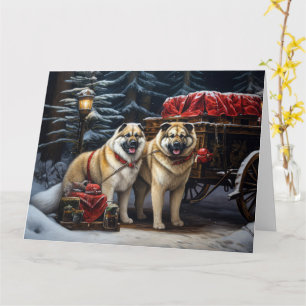 Amerikaanse Akita Snowy Sleigh Ride Kerstdecoratie Kaart