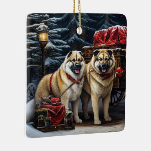 Amerikaanse Akita Snowy Sleigh Ride Kerstdecoratie Keramisch Ornament (Rechts)