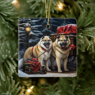 Amerikaanse Akita Snowy Sleigh Ride Kerstdecoratie Keramisch Ornament