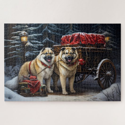 Amerikaanse Akita Snowy Sleigh Ride Kerstdecoratie Legpuzzel (Horizontaal)