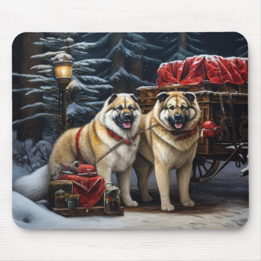 Amerikaanse Akita Snowy Sleigh Ride Kerstdecoratie Muismat (Voorkant)