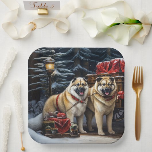 Amerikaanse Akita Snowy Sleigh Ride Kerstdecoratie Papieren Bordje (Huwelijk)