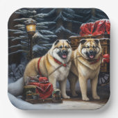 Amerikaanse Akita Snowy Sleigh Ride Kerstdecoratie Papieren Bordje (Voorkant)