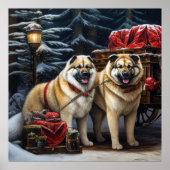 Amerikaanse Akita Snowy Sleigh Ride Kerstdecoratie Poster (Voorkant)