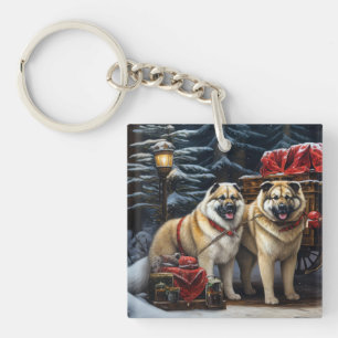 Amerikaanse Akita Snowy Sleigh Ride Kerstdecoratie Sleutelhanger