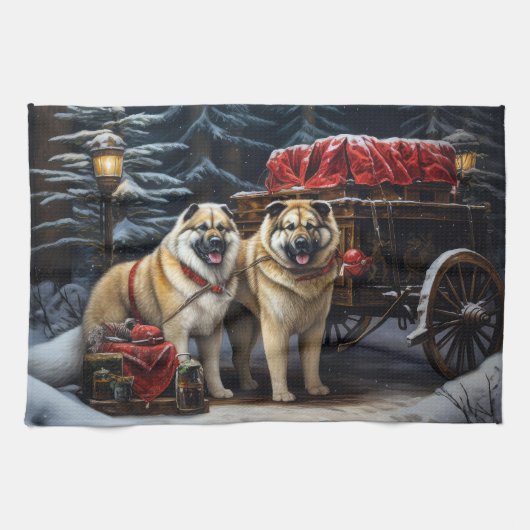Amerikaanse Akita Snowy Sleigh Ride Kerstdecoratie Theedoek (Horizontaal)