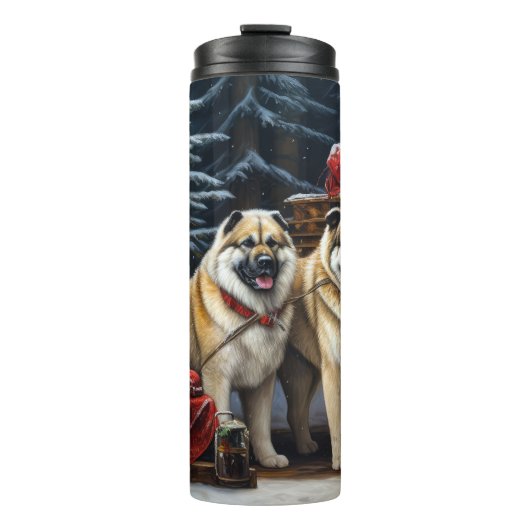 Amerikaanse Akita Snowy Sleigh Ride Kerstdecoratie Thermosbeker (Voorkant)