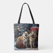 Amerikaanse Akita Snowy Sleigh Ride Kerstdecoratie Tote Bag (Achterkant)