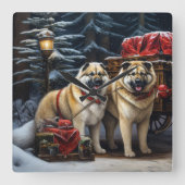 Amerikaanse Akita Snowy Sleigh Ride Kerstdecoratie Vierkante Klok (Voorkant)