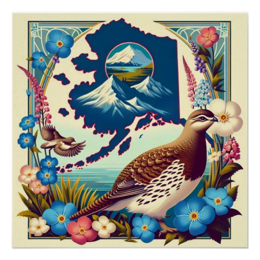 Amerikaanse Alaska State vogel en bloem ontwerp Perfect Poster (Voorkant)