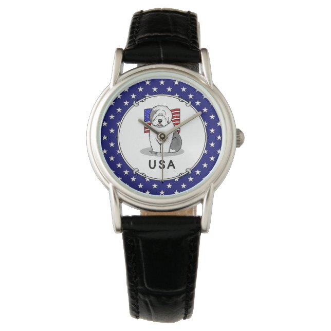 Amerikaanse Amerikaanse vlag Oude Engelse Sheepdog Horloge (Voorkant)