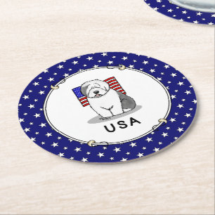 Amerikaanse Amerikaanse vlag Oude Engelse Sheepdog Ronde Kartonnen Onderzetter