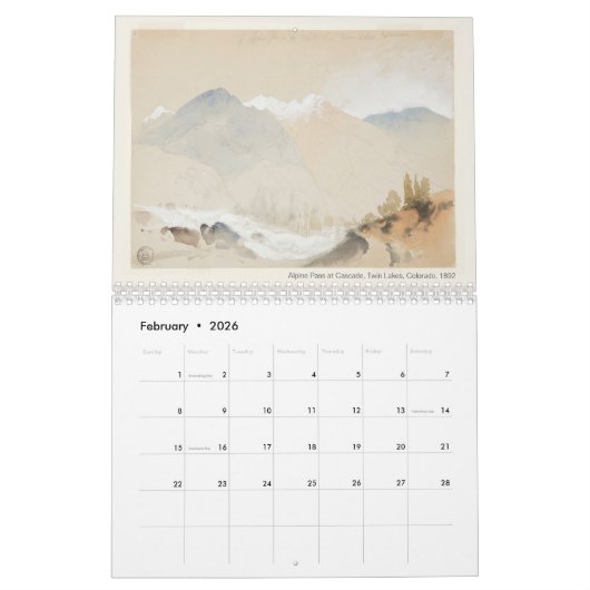 Amerikaanse Art Thomas Moran Waterverf Landscapes Kalender (Feb 2026)