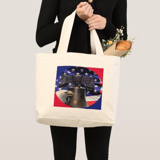 Amerikaanse Bald Eagle, Bell en Flag Grote Tote Bag (Voorkant (product))