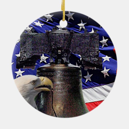 Amerikaanse Bald Eagle, Bell en Flag Keramisch Ornament (Achterkant)