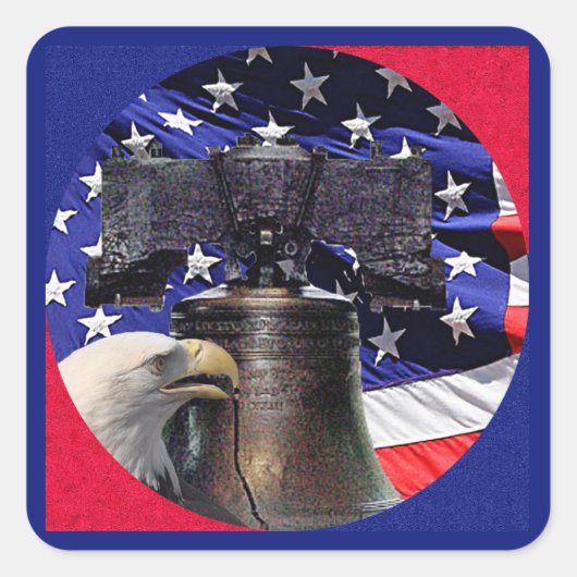Amerikaanse Bald Eagle, Bell en Flag Vierkante Sticker (Voorkant)
