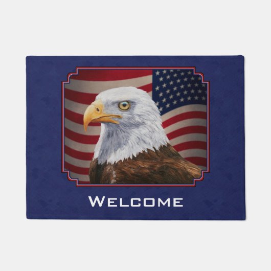 Amerikaanse Bald Eagle en Blauwe Vlag Deurmat (Voorkant)