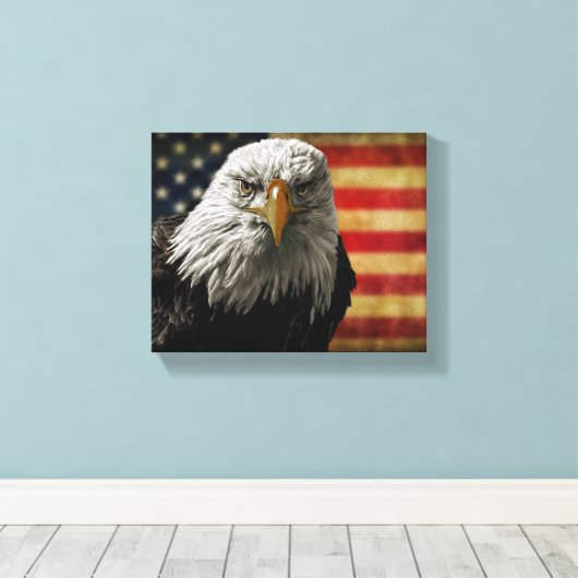 Amerikaanse Bald Eagle over de vlag van Grunge Canvas Afdruk (Insitu (Houten vloer))