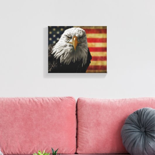 Amerikaanse Bald Eagle over de vlag van Grunge Canvas Afdruk (Insitu (Woonkamer))