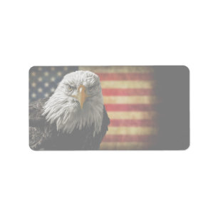 Amerikaanse Bald Eagle over de vlag van Grunge Etiket