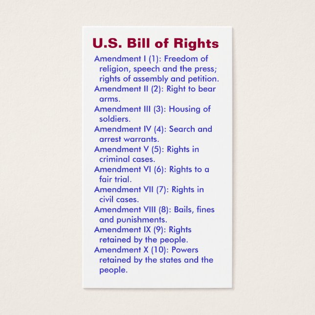Amerikaanse Bill of Rights ~ Eerste 10 Wijzigingen Visitekaartjes (Voorkant)