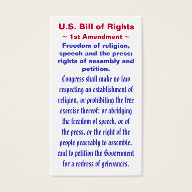 Amerikaanse Bill of Rights, ~ Eerste (1e) Amendeme Visitekaartje (Voorkant)