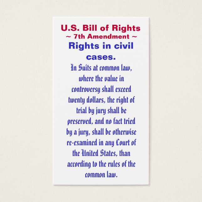 Amerikaanse Bill of Rights, ~ Zevende (7e) Amendem Visitekaartje (Voorkant)