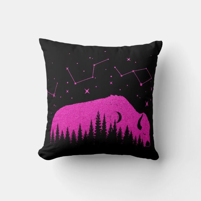 Amerikaanse Bizon Fuchsia Roze Sterren Galaxy Moon Kussen (Voorkant)