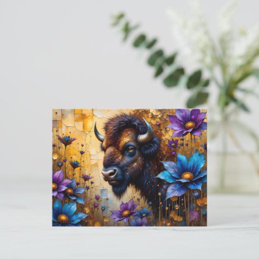 Amerikaanse Bizon in gestructureerd bloemenportret Briefkaart (Staand voorkant)