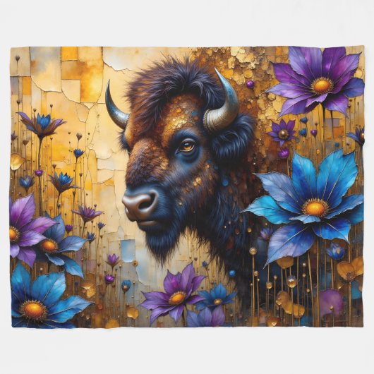 Amerikaanse Bizon in getextureerd bloemenportret Fleece Deken (Voorkant (Horizontaal))