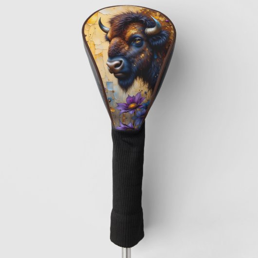 Amerikaanse Bizon in getextureerd bloemenportret Golfheadcover (Voorkant)