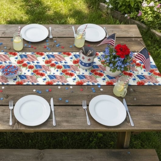 Amerikaanse Bloemen En Vlaggen Korte Tafelloper