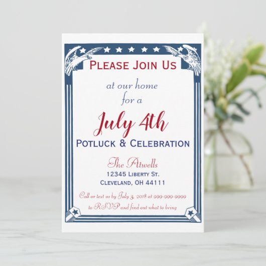  Amerikaanse Blue Stars Eagle 4 juli Potluck Kaart (Staand voorkant)