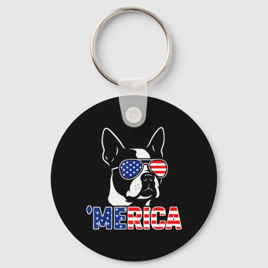 Amerikaanse Boston Terrier Patriottische 4de Juli Sleutelhanger (Voorkant)