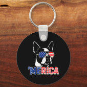 Amerikaanse Boston Terrier Patriottische 4de Juli Sleutelhanger (Voorkant)