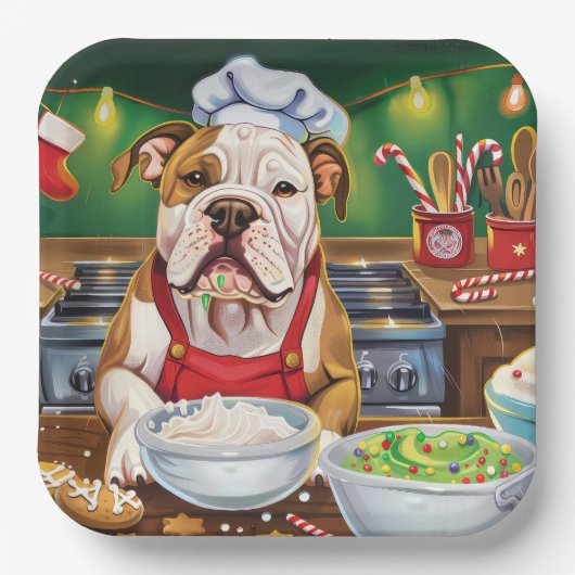 Amerikaanse Bulldog Holiday Baking: Feestelijke Ke Papieren Bordje (Voorkant)