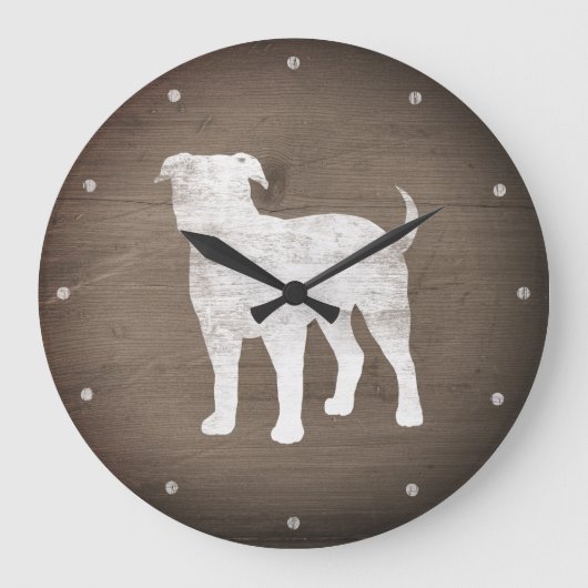 Amerikaanse Bulldog Silhouette Faux Rustic Wood Grote Klok (Voorkant)