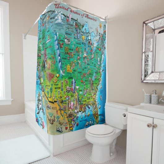 Amerikaanse Cartoon Map Douchegordijn (In situ)