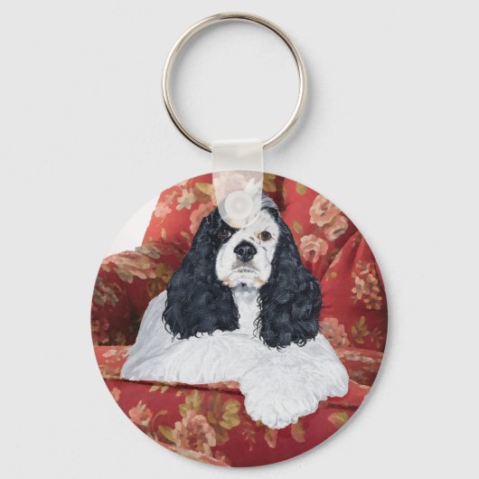 Amerikaanse Cocker Spaniel in rode stoel Sleutelhanger (Voorkant)