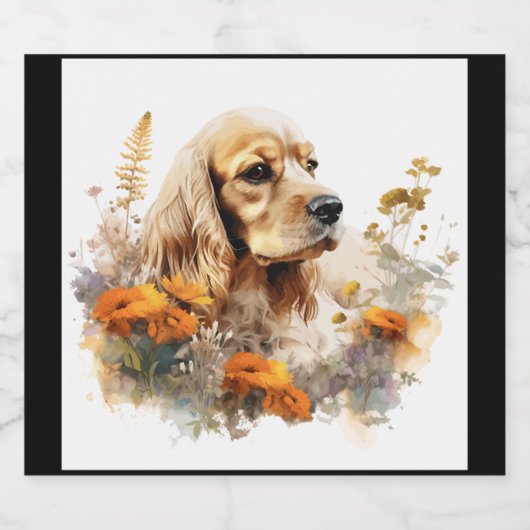 Amerikaanse Cocker Spaniel met Wildflower 2 Sparkling Wijnetiket (Enkel label)