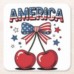 Amerikaanse Coquette Bow Cherry Esthetische Vlag v Kartonnen Onderzetters