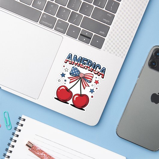 Amerikaanse Coquette Bow Cherry Esthetische Vlag v Sticker (Laptop met iPhone)