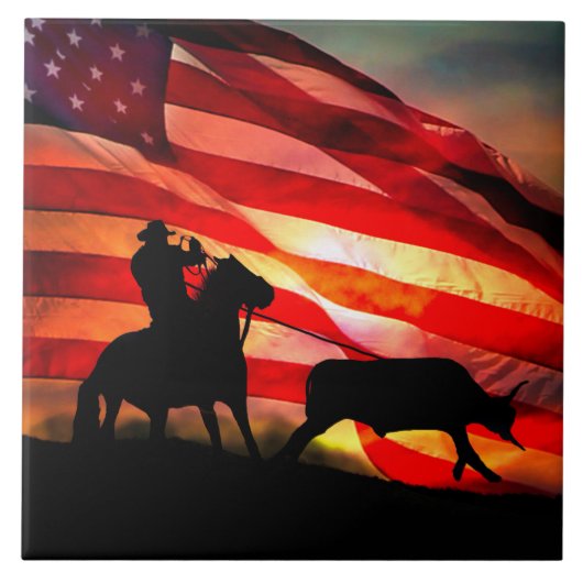 Amerikaanse Cowboy Steer Roping Tegeltje (Voorkant)