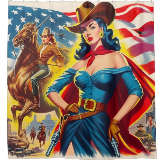 Amerikaanse Cowgirl Pin-up Douchegordijn (Voorkant)
