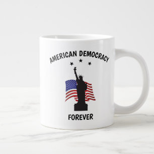 Amerikaanse democratie voor altijd met vlag grote koffiekop